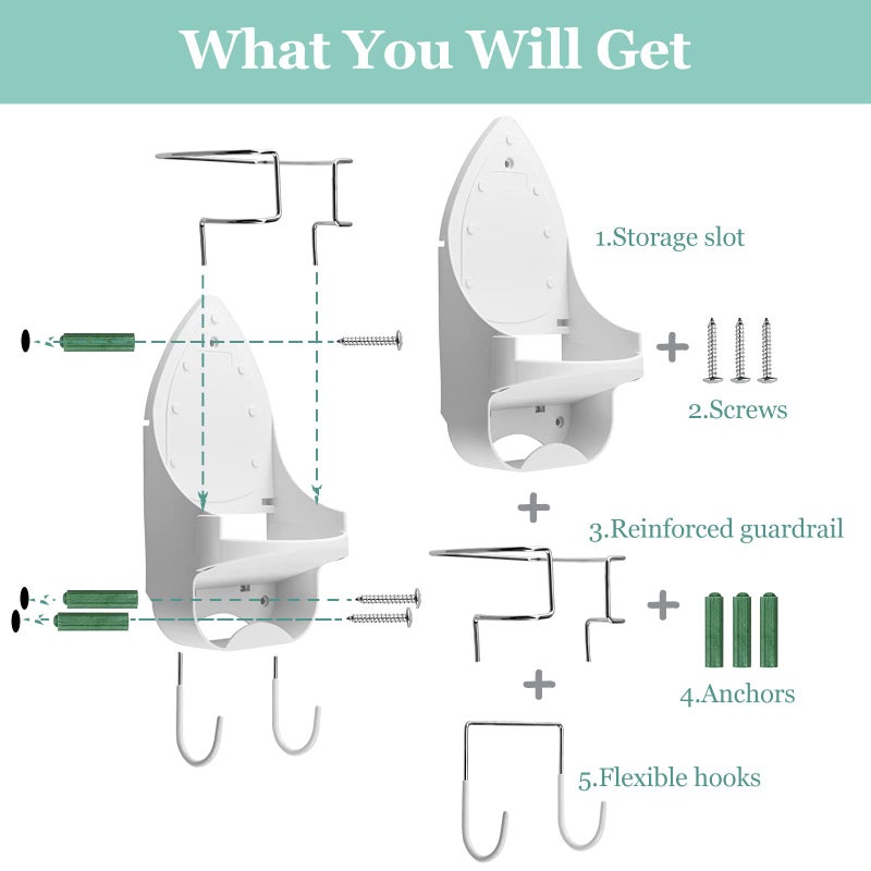 DOUBLE 2 C Wall Mount Iron Board Hanger and Ironing Board Storage Organizer Shelf With Removable Hooks for Household Bathroom Laundry Room (White) - Image 3